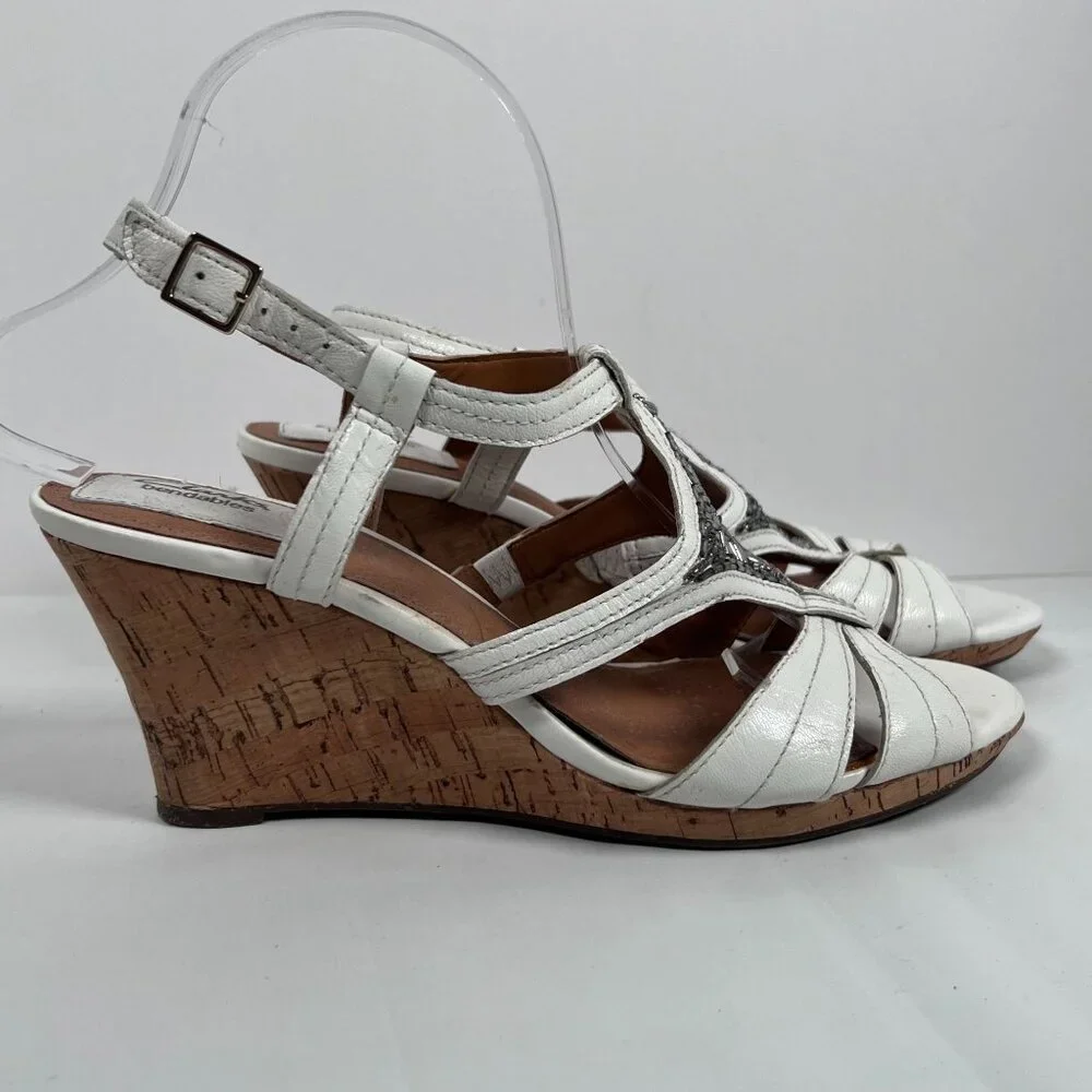 Clarks Bendables White Leather Sandals Wedge Cork‎ Heel Open Toe Womens 9